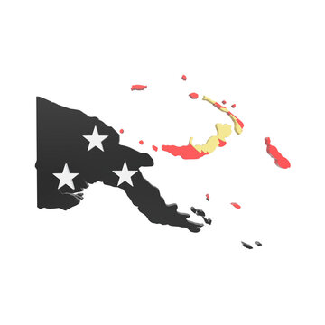 3D rendered map of Papua New Guinea featuring the national flag colors, isolated on a clean white background for professional geographic and political design projects