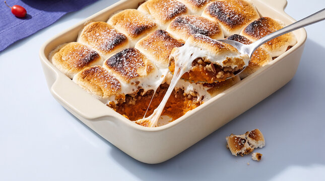 Sweet potato casserole with marshmallows in a baking dish  