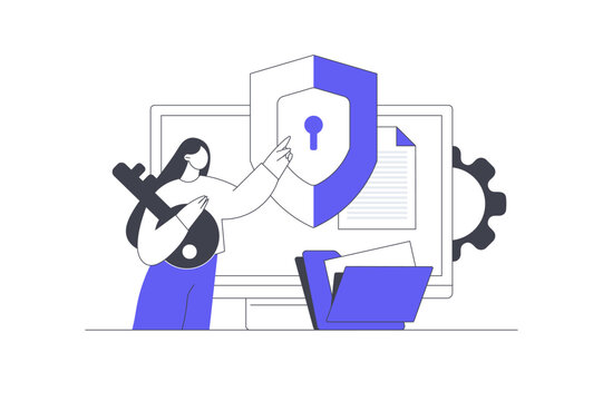 Defending Cybersecurity and Confidential Data Protection Access. Female Specialist Holding Key near Shield Lock Screen and File Folder. Flat Cartoon Vector Illustration, icon Stylish abstract design 
