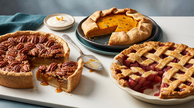 Variety of delicious pies displayed on a dining table  