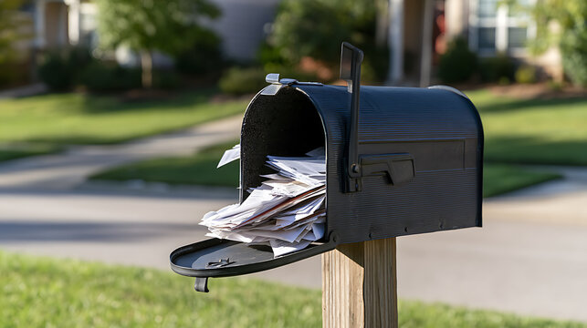 A black metal mailbox stuffed full with paper letters and envelopes in a residential suburban neighborhood street background on a sunny day