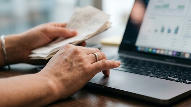 Close-up of hands managing financial records by comparing paper