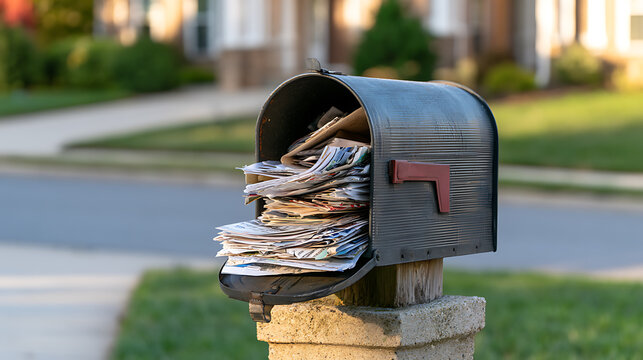 A black metal mailbox stuffed full with oversized junk mail, letters, papers, and flyers on a wooden post in a suburban neighborhood