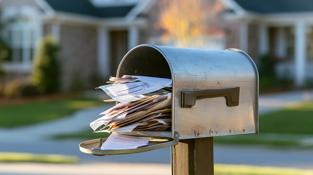 Metal mailbox overflowing with letters, bills, and junk mail in front of a suburban residential house during bright daylight outdoors