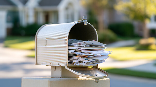 A full white metal mailbox overflowing with letters, bills, and envelopes in a residential suburban neighborhood on a bright sunny day