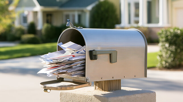 Metal mailbox overflowing with a large stack of letters, junk mail, and bills outside a suburban home on a bright sunny day in a neighborhood