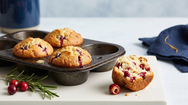 Cranberry muffins in a muffin tin on a white countertop  