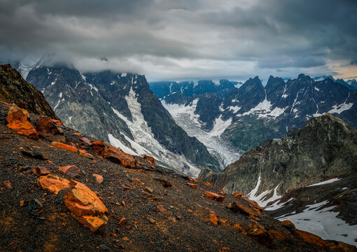 Scenic stormy landscape of Ushba Mountain, Chalaati Glacier, Caucasus Mountains, Svanetia, Georgia