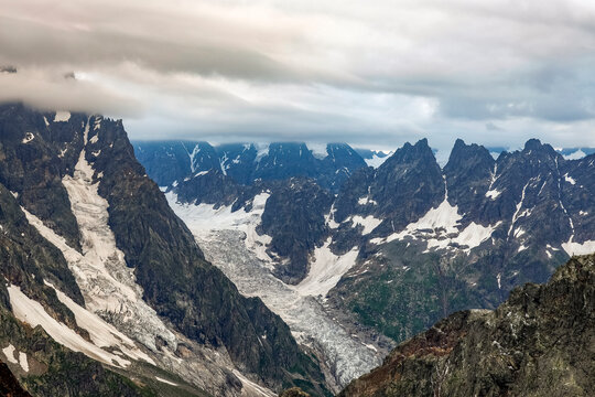 Scenic stormy landscape of Ushba Mountain, Chalaati Glacier, Caucasus Mountains, Svanetia, Georgia