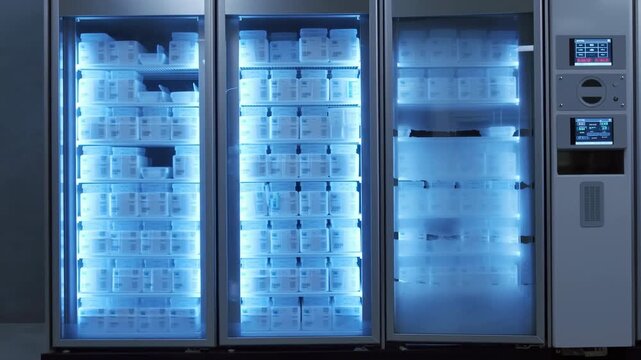 Blue-lit transparent-door storage cabinets remain closed as camera slowly pans left, revealing rows of labeled boxes beside a central touchscreen control panel in a clean interior