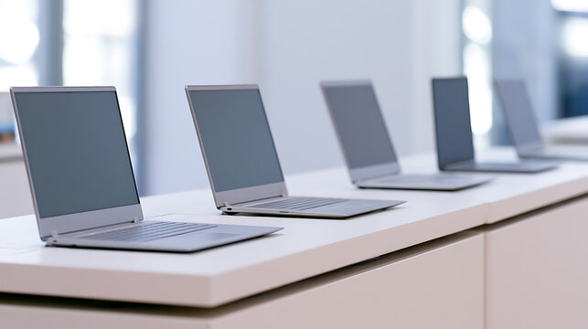 Row of modern silver laptop computers displayed on white clean counter in a bright electronic store showroom ready for customer test