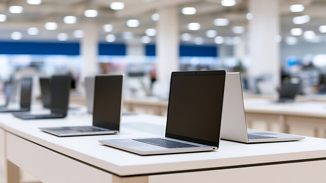 Modern laptop computers display on clean white tables inside a bright electronics retail store with blurred interior background lighting setup
