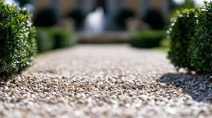 Obraz premium Low angle view of a decorative gravel path in a formal garden landscape with manicured boxwood shrubs Buxus semoervirens and a fount