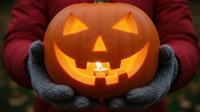 A seamless pattern person holding a glowing carved jackolantern pumpkin