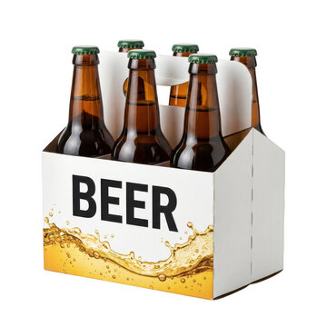 Six pack of brown beer bottles in a cardboard carrier isolated on transparent background