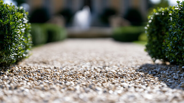 Low angle view of a decorative gravel path in a formal garden landscape with manicured boxwood shrubs Buxus semoervirens and a fount