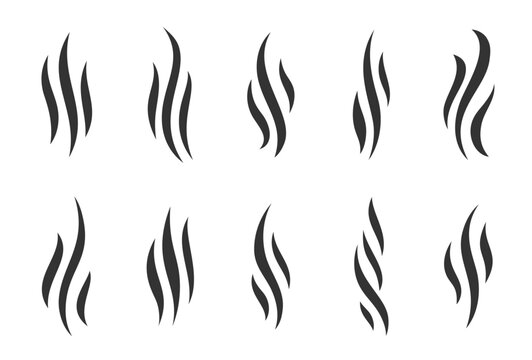 Steam or Smoke Black Thick Wavy Line Silhouette Set. Aroma or Smell Coffee, Tea, Hot Cooking Food, Fragrance Perfume. Fart Scent Doodle Icon. Abstract Grill, Vapor or Heat Cook Hand Drawn Vector Logo