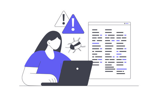 Debugging Code System and Software Bug Inspection Troubleshooting. Female Specialist Working on Laptop near System Warning Bug Defect and Code Window. Flat Cartoon Vector Illustration, icon Stylish