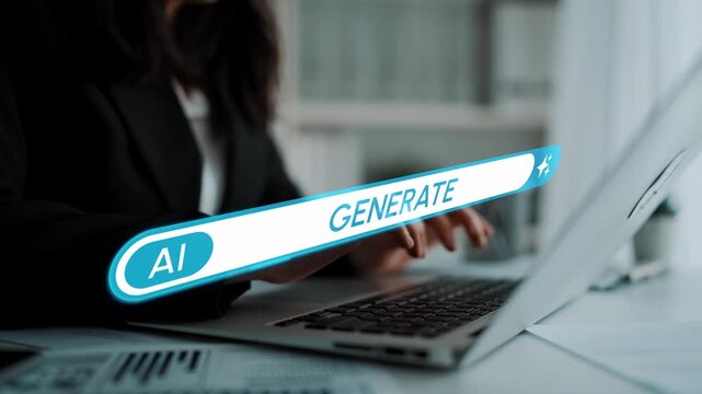 Professional Woman Using Laptop with AI Generate Feature in Modern Office Setting for Technology and Business Innovation. Entropy.