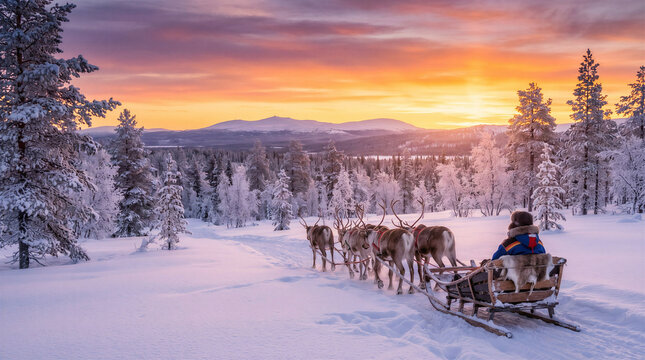 Person riding reindeer sled through snow-covered landscape at sunset  