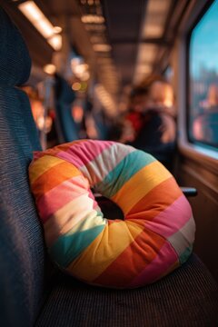 Colorful round pillow lies on seat in train carriage. Background captures cozy atmosphere with blurred passengers and warm light. Ideal for travel and comfort themes