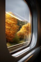 Naklejka premium Window view showing vibrant autumn trees through train window. Warm colors contrast with gray sky, creating serene ambiance. Soft reflections enhance peaceful scene