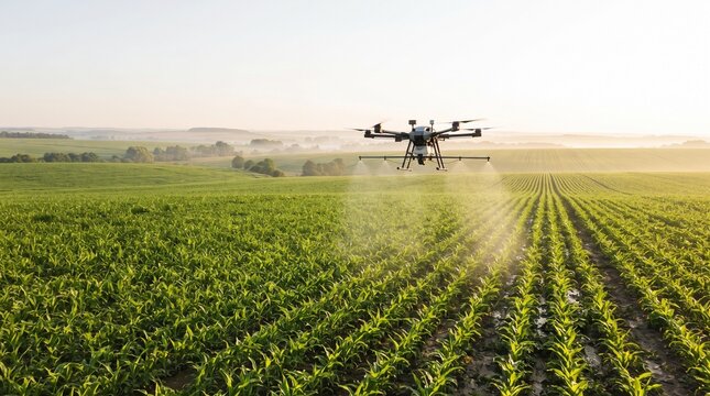 Agricultural drone spraying fertilizer or pesticide over green crop fields in modern smart farming technology