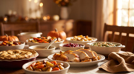 Naklejka premium Thanksgiving dinner table featuring roasted turkey, side dishes, and pumpkin pie arranged on a wooden table with autumn decorations and warm lighting in a cozy dining room