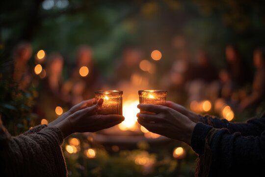 Candlelight gathering features hands holding glowing glasses with flickering ambiance. Warm lights create cozy atmosphere around people sitting by fire in nature