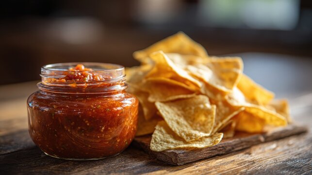 Salsa with tortilla chips showcases delicious snack. Rich red salsa is in glass jar, paired with golden crispy chips on rustic wood. Perfect for sharing at gatherings