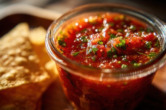 Salsa and tortilla chips create vibrant food scene. Red salsa features chopped herbs and spices, while golden chips add texture. This arrangement is perfect for appetizers
