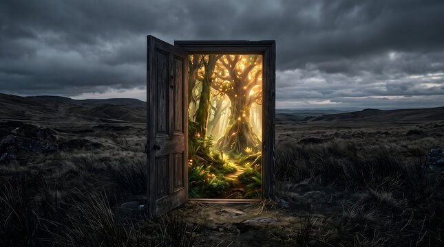 Antique wooden door standing in a dark field opening to a magical glowing forest portal