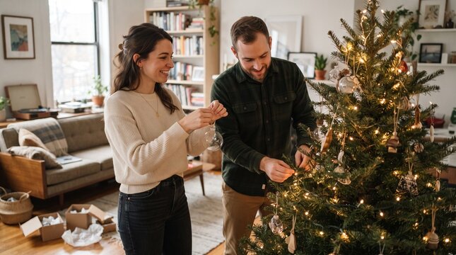 Couple decorating a Christmas tree together in a realistic modern apartment with warm seasonal lighting.