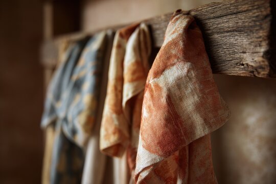 Textile scarves in warm hues hang on rustic wooden rod. Colors include orange and blue with subtle textures. Soft lighting creates inviting atmosphere