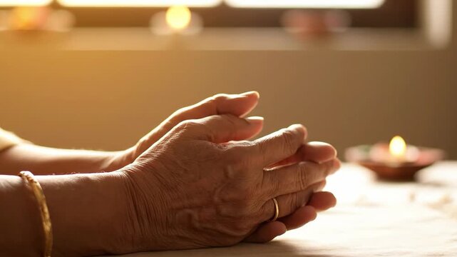 Close-up of an elderly womans hands clasped in prayer, illuminated by warm light, symbolizing faith and devotion.