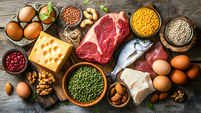 Food sources of protein include cheese, lentils, red and white meat, beans, fish, tuna, nuts, and eggs.