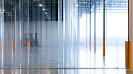 Naklejka premium Industrial warehouse interior featuring transparent plastic strip curtain dividers and support pillars inside a modern distribution facility
