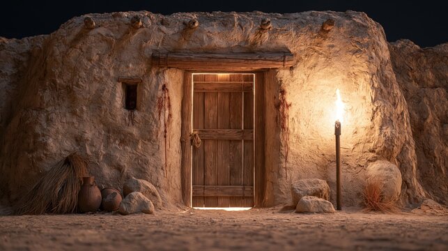 Hebrew home marked with lamb's blood on the doorposts during the first Passover night in Egypt.