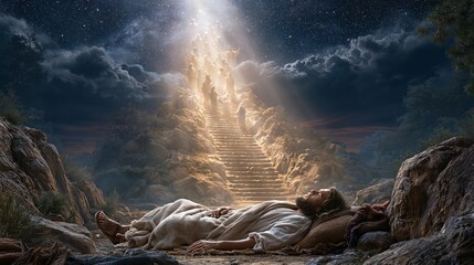 Naklejka premium Jacob dreaming of the heavenly stairway with angels ascending and descending in the wilderness.