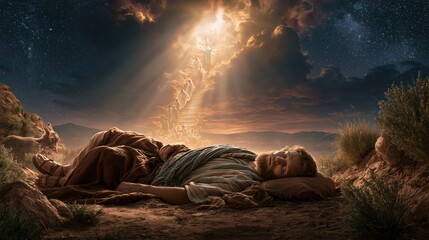 Naklejka premium Jacob dreaming of the heavenly stairway with angels ascending and descending in the wilderness.