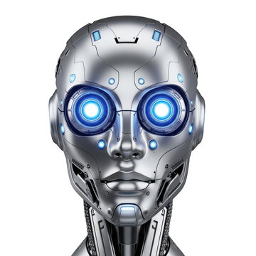 Futuristic robot head with glowing blue eyes