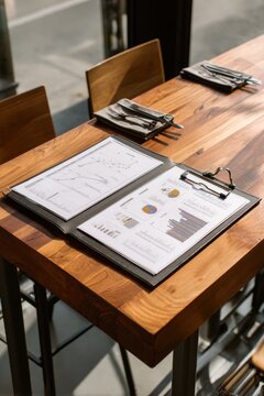 Business report sits on wooden table inside cafe. Menu displays charts and graphs. Natural light highlights details of presentation and surroundings