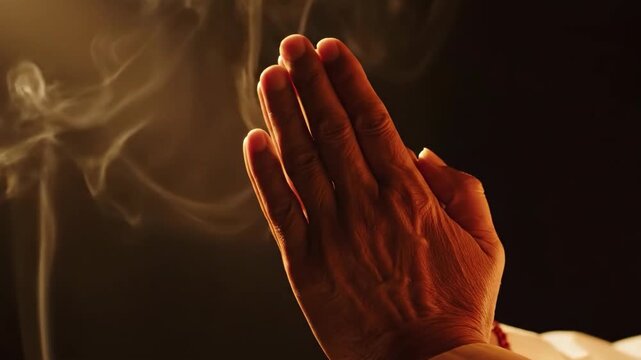 Close-up of hands in prayer with smoke, symbolizing faith and spirituality.