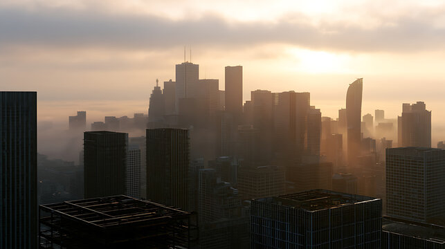 Breathtaking cityscape view of a modern downtown metropolis shrouded in early morning fog and warm golden sunrise light with tall skyscrapers