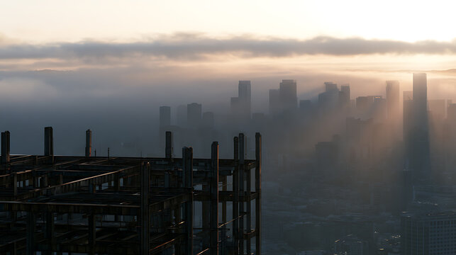 A view of the city skyline from an unfinished building site at sunrise with mist and clouds rolling over tall skyscrapers in the morning light