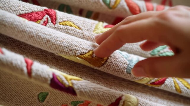 Hand gently traces raised colorful embroidery across folded beige fabric, moving fingertips over stitched floral and leaf motifs in a warm close-up textile detail view