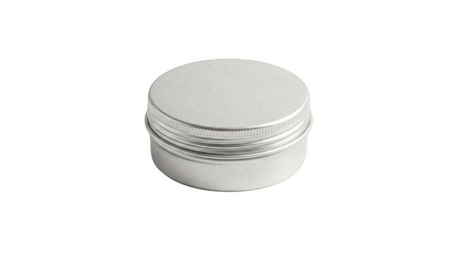 Small round silver metal tin container with lid isolated on transparent background