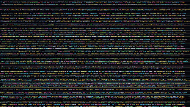 Digital data stream displaying programming code on a screen with glitch effect, abstract cybersecurity background with binary code, hacker matrix and futuristic technology concept