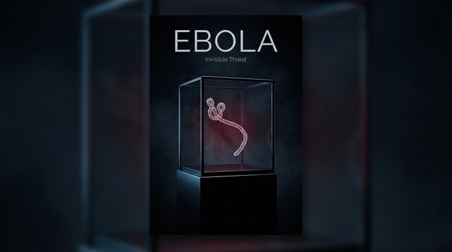 Ebola virus model displayed in a glass case with a dark background, highlighting the structure and characteristics of the virus in a scientific context