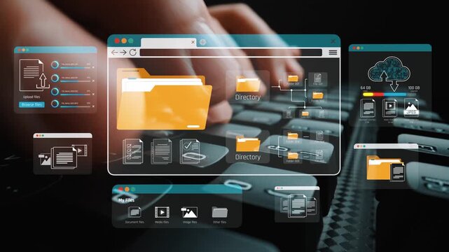 Digital workspace showcasing virtual file management with folders, documents, data uploads, and keyboard in modern technology environment Sigmoid